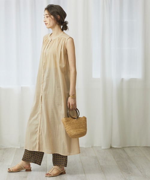 【美品】INGEBORG ベージュ ノースリーブシャツワンピース L】【接触冷感】ハイツイストツイル ノースリーブシャツ
