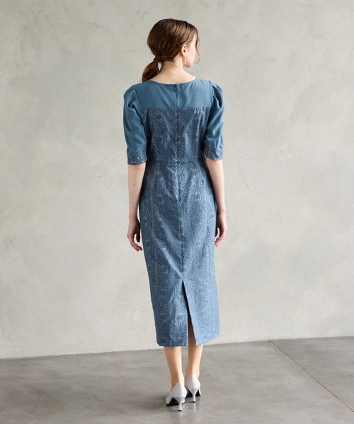 AIMER ドレス アラベスク調刺繍タイトライン袖付きパーティー