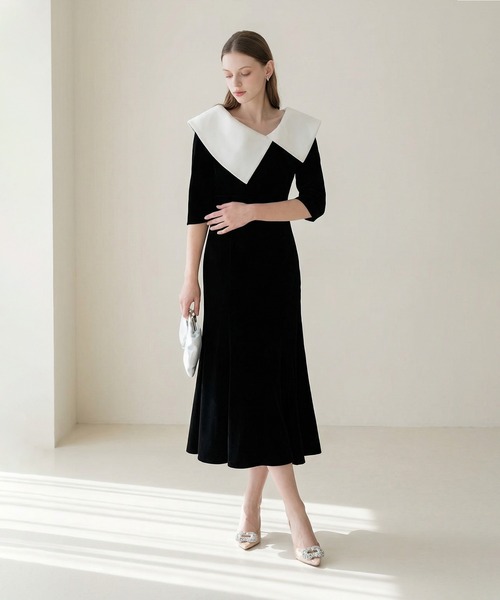 Leja（レジャ） ドレス 「LEJA」配色アシンメトリービッグカラーベロア