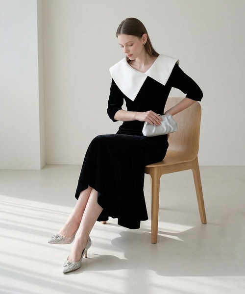 Leja（レジャ） ドレス 「LEJA」配色アシンメトリービッグカラーベロア