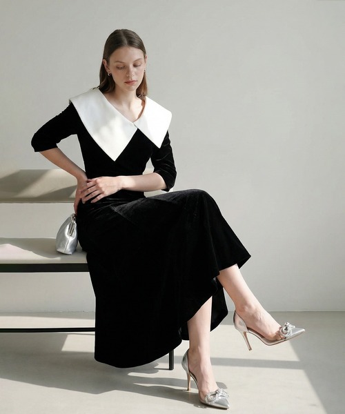 Leja（レジャ） ドレス 「LEJA」配色アシンメトリービッグカラーベロア