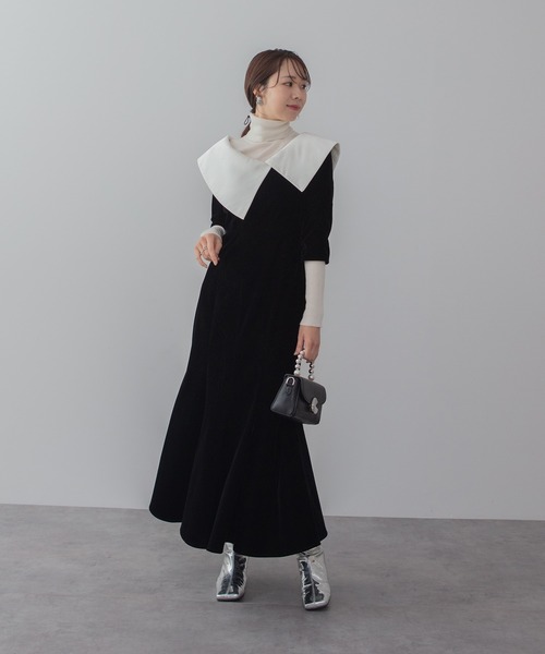 Leja（レジャ） ドレス 「LEJA」配色アシンメトリービッグカラーベロア