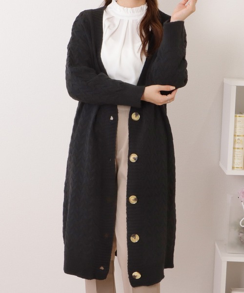 Lace Ladies カーディガン ケーブル柄ロング丈長袖ニット
