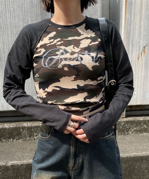 WEGO tシャツ WEGO/ラインストーンサイドドロストラグランロンT
