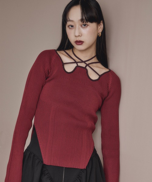 Ezick ニット セーター 2way code neckイレリブ配色ニット レディース
