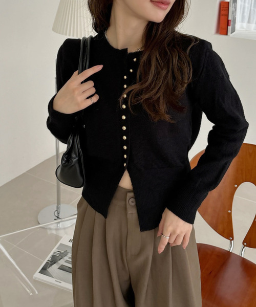 DESCENDANT 黒 カーディガン ボタン付き Ada. カーディガン メニーボタン クルーネック カーディガン