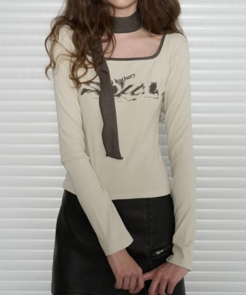 Tシャツ・カットソー ^LEATHERY^ Square Neck Tie Scarf T-Shirt IVORY LRTS4352IV LEATHERY tシャツ Square neck Tie Scarf T-Shirt レディース