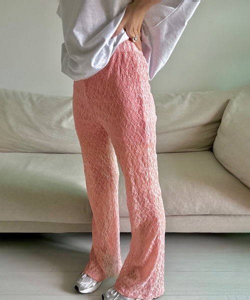 【新品未使用】OZZ ONESTE フレア パンツ ピンク リボン付 新品未使用】OZZ ONESTE フレア パンツ ピンク リボン付
