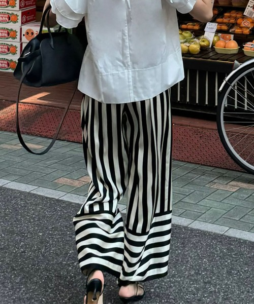 CHANEL 25s サテン風 ストライプワイドパンツ 上品リラックス セール】 【ブライトリーセットアップ】サテンストライプ ワイド