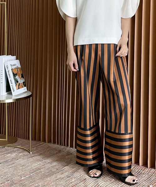 ELFRANK ワイドパンツ パンツ ストライプサテンワイドパンツ