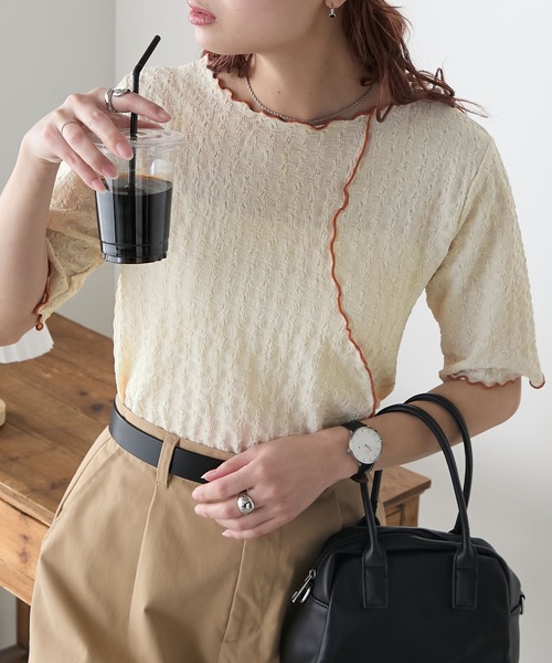 ボーダーズアットバルコニー フラワー ジャガード パフスリーブ Tシャツ BONLECILL（ボンルシール） tシャツ 半袖 2wayフラワージャガード