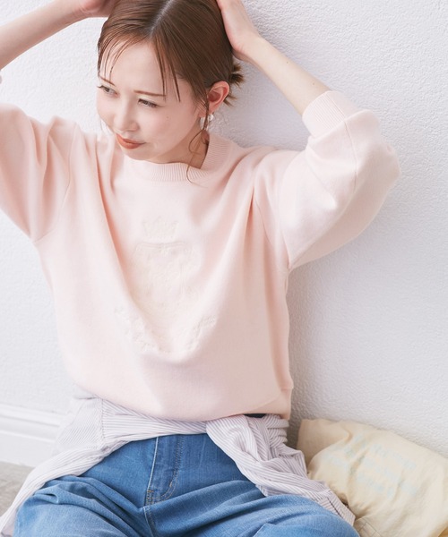 ピンク刺繍クルーネックセーター アウトレット】クルーネックセーター 21212010