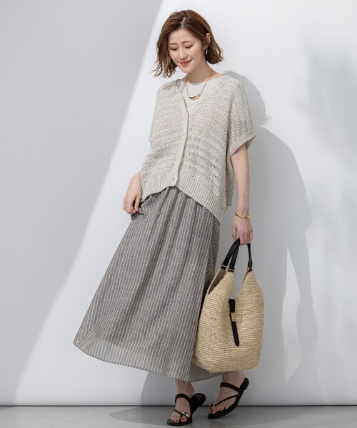 美品23区　洗える コットンリネンストライプ Iライン スカート　44 XL 23区｜【洗える】コットンリネンストライプ Iライン スカート
