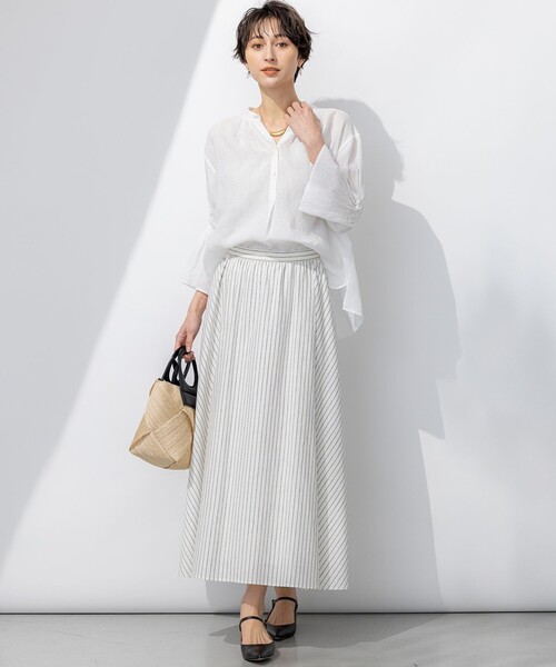 美品23区　洗える コットンリネンストライプ Iライン スカート　44 XL 23区｜【洗える】コットンリネンストライプ Iライン スカート