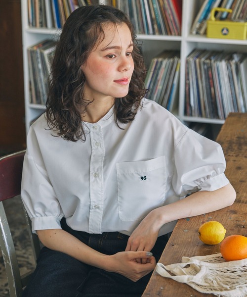 ブラウス シャツ ナンバリング刺繍 アソート パフスリーブ バンド