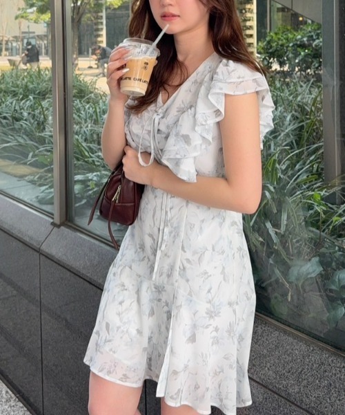 【rienda】フリルフラワーワンピース rienda ワンピース フリルフラワーロングワンピース 夏服 半袖