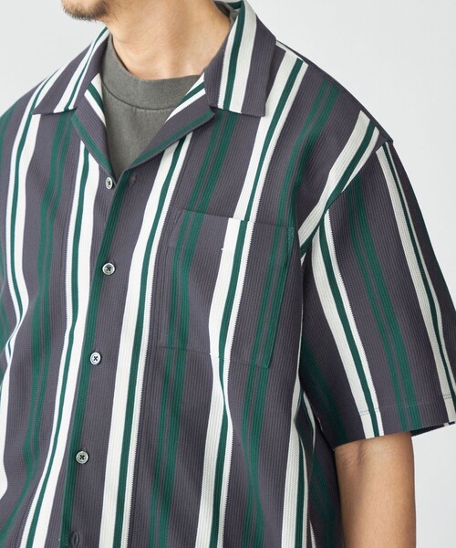 【NAVY】ファインパターン ジャカード ストライプ オープンカラー ボタンダウンシャツ ストレッチ】ストライプシャンブレー 長袖ショートボタンダウンシャツ