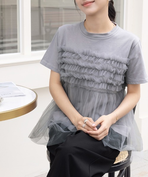 tシャツ フリルチュールドッキングTシャツ レディース tシャツ チュールフリルドッキング Tシャツ レディース