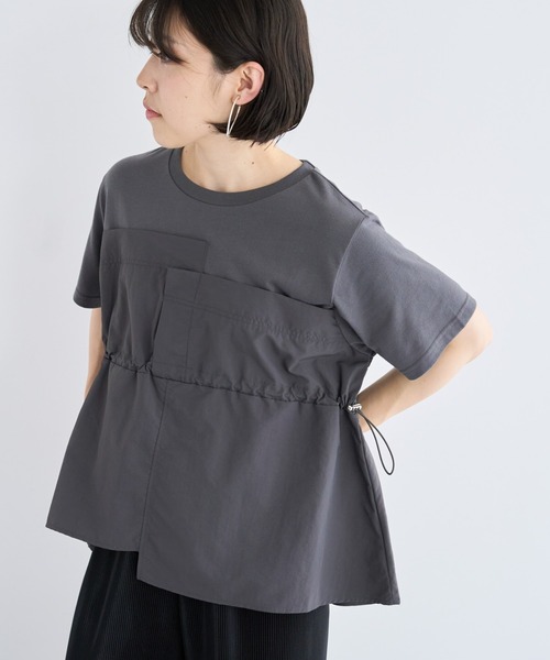 tシャツ プリーツブロッキングプルオーバー レディース Green Parks tシャツ ビスチェドッキングドロスト5分袖プル
