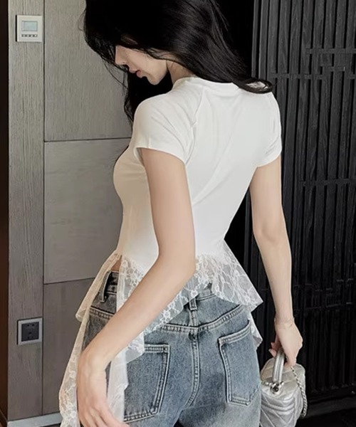 tシャツ A'GEM/9 × .kom 「.KOM/ドットケーオーエム」 グラフィックレースドッキングTシャツ レディース A'GEM/9 × .kom 『.KOM/ドットケーオーエム』レースドッキング