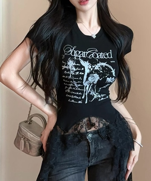 ❤︎coquette ダークコア　シャーリングレースtシャツ❤︎ ゴシック Amazon | [NAMEOF] ダークコア ゴシック 長袖リブトップス