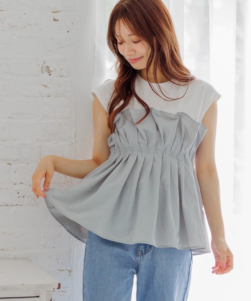 tシャツ ギャザービスチェツキフレンチスリーブ 581418 レディース mysty woman tシャツ ギャザービスチェツキフレンチスリーブ