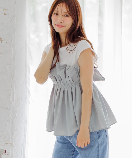 tシャツ ギャザービスチェツキフレンチスリーブ 581418 レディース mysty woman tシャツ ギャザービスチェツキフレンチスリーブ