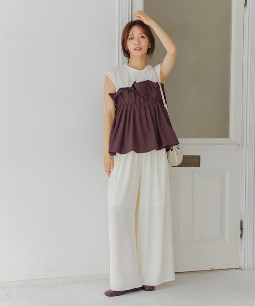 tシャツ ギャザービスチェツキフレンチスリーブ 581418 レディース mysty woman tシャツ ギャザービスチェツキフレンチスリーブ