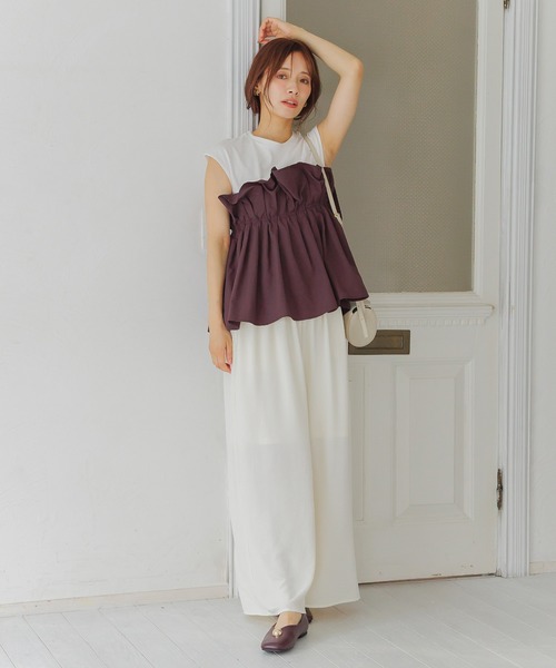 tシャツ ギャザービスチェツキフレンチスリーブ 581418 レディース mysty woman tシャツ ギャザービスチェツキフレンチスリーブ