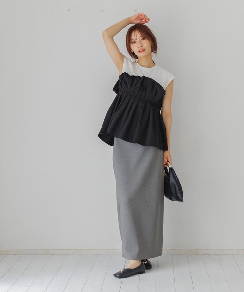 tシャツ ギャザービスチェツキフレンチスリーブ 581418 レディース mysty woman tシャツ ギャザービスチェツキフレンチスリーブ