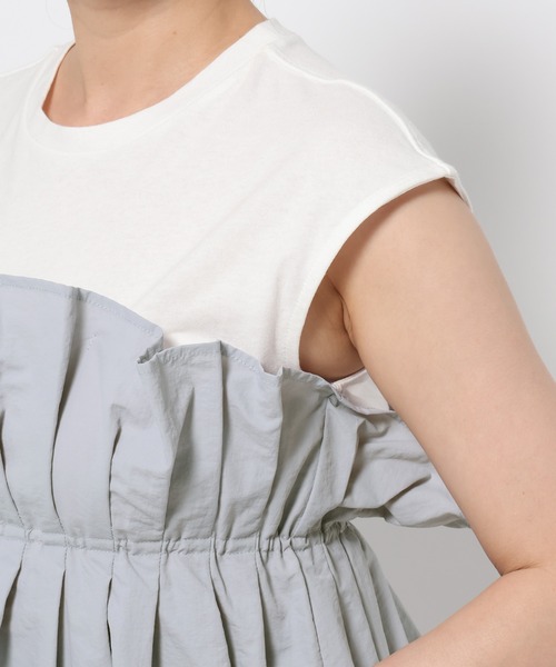 tシャツ ギャザービスチェツキフレンチスリーブ 581418 レディース mysty woman tシャツ ギャザービスチェツキフレンチスリーブ