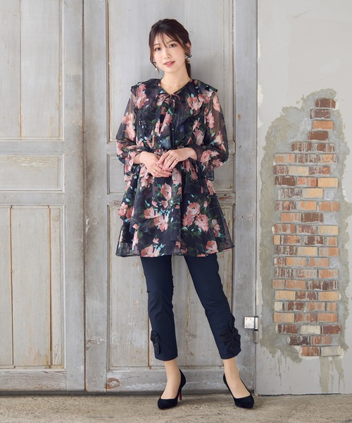 Rose Tiara(ローズティアラ) チュニック サイズ42 L レディース美品  ピンクベージュ×黒 花柄 Rose Tiara - Rose Tiara(ローズティアラ) チュニック サイズ42 L