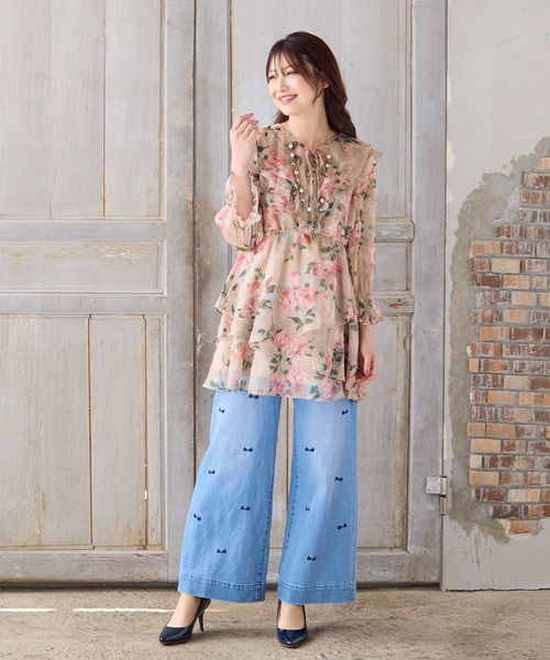 美品 大きいサイズ ローズティアラ フリル ゆったりたチュニック ローズティアラ RoseTiara フリルチュニック （ブラック