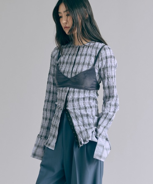 【EN NEUME】Smocked Check Blouse ブルー EN NEUME ブラウス シャツ Smocked Check Blouse レディース