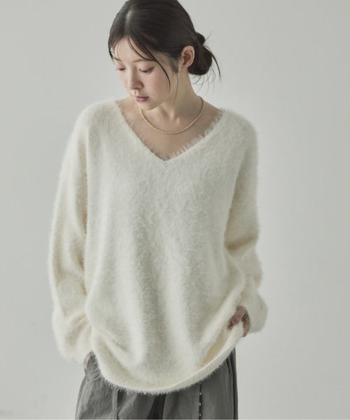 ニット セーター アンゴラタッチVネックニットプルオーバー レディース