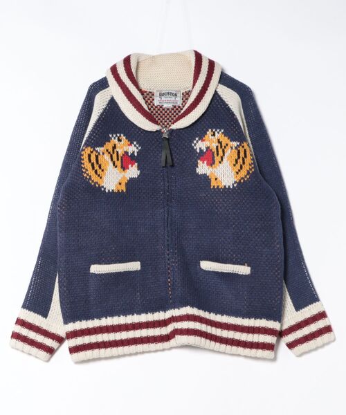【新品未使用】HOUSTON 刺繍 スカジャン風 ニットカーディガン Lサイズ HOUSTON（ヒューストン） uvカット カーディガン メンズ レディース