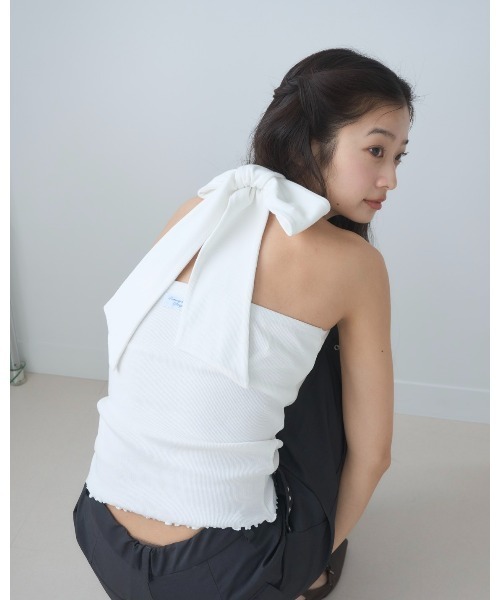 リボン＆レースのホルターネックカットソー Smyeon tシャツ Ribbon halter-neck top/リボンホルターネック