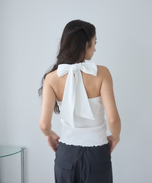 リボン＆レースのホルターネックカットソー Smyeon tシャツ Ribbon halter-neck top/リボンホルターネック