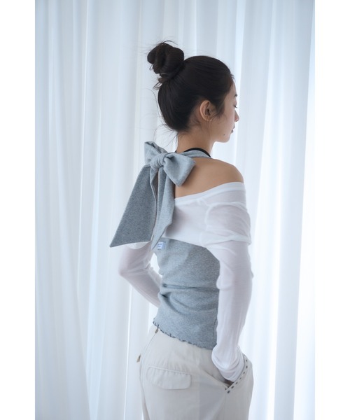 リボン＆レースのホルターネックカットソー Smyeon tシャツ Ribbon halter-neck top/リボンホルターネック