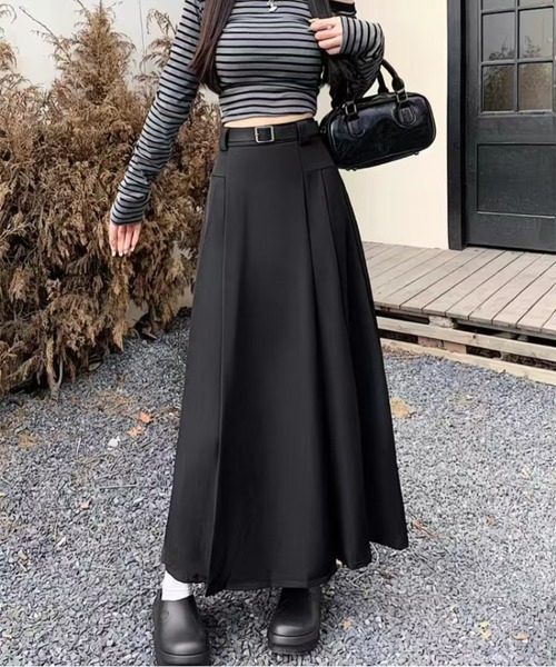 AsheKsha ロング スカート ハイウエストで合わせやすいエレガントな