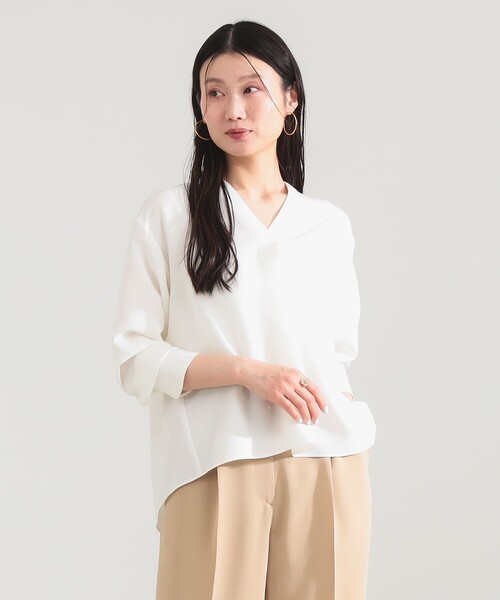 Demi-Luxe BEAMS ブラウス 洗える サテン切替 Vネック ホワイト Demi 
