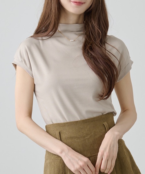 CALLEJER 半袖モックネック⭐︎ベージュ ⭐︎フリル袖 DAYRA tシャツ 半袖 ソリッドカラー ボトルネック コンパクト 半袖