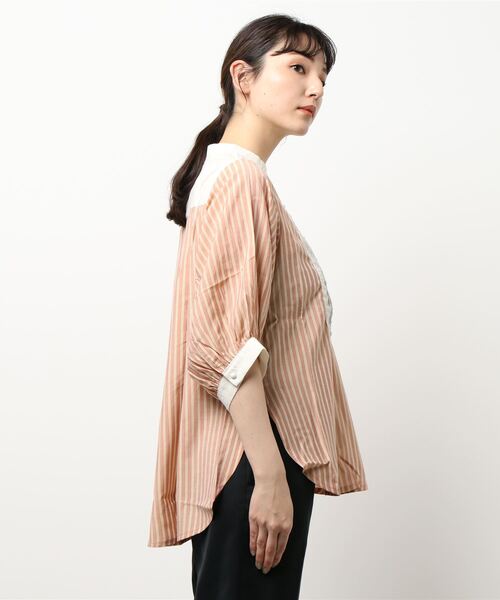 STYLEBLOCK ブラウス シャツ 先染めストライプ異素材ブザム切替