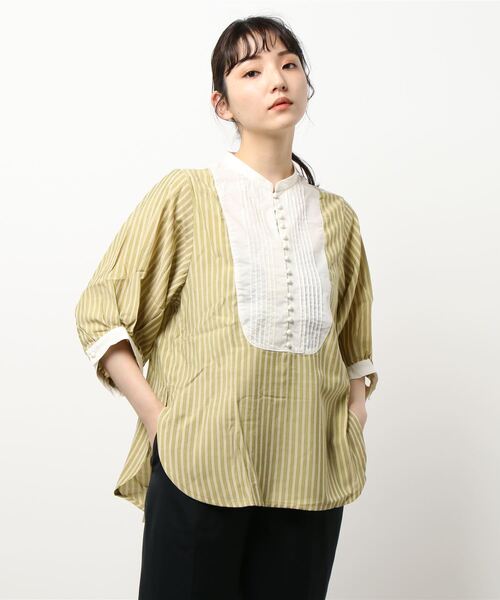 STYLEBLOCK ブラウス シャツ 先染めストライプ異素材ブザム切替