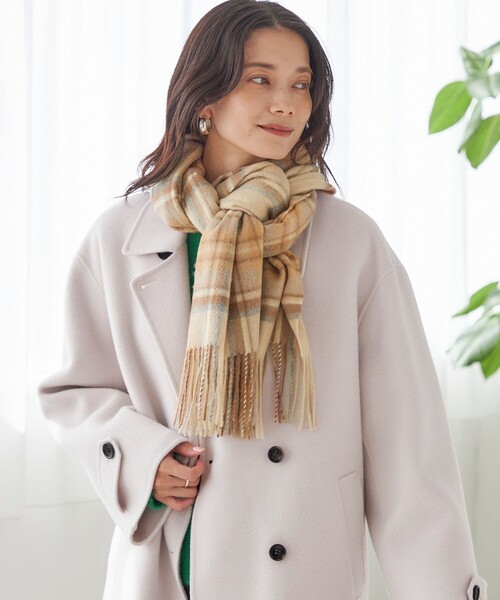 【美品】カシミヤストール ホワイト・ベージュ SHIPS（シップス） ストール マフラー チェック カシミヤ ストール