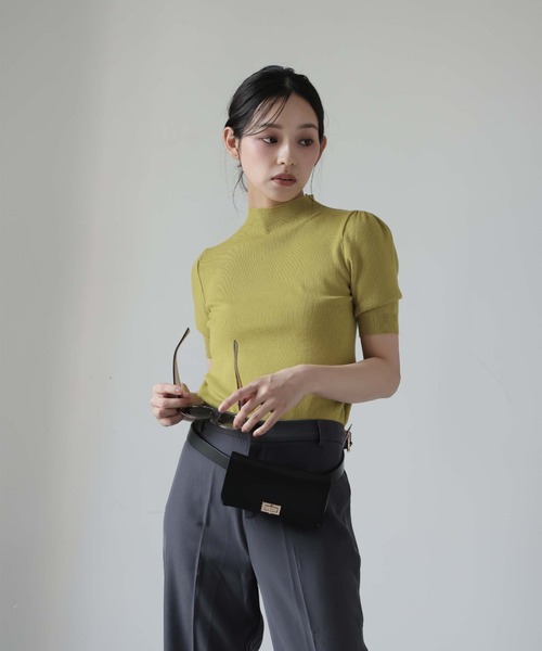 Rene ルネ　ニットツィード　トップス　半袖セーター　ブローチ付き Rene ルネ ニットツィード トップス 半袖セーター ブローチ付き