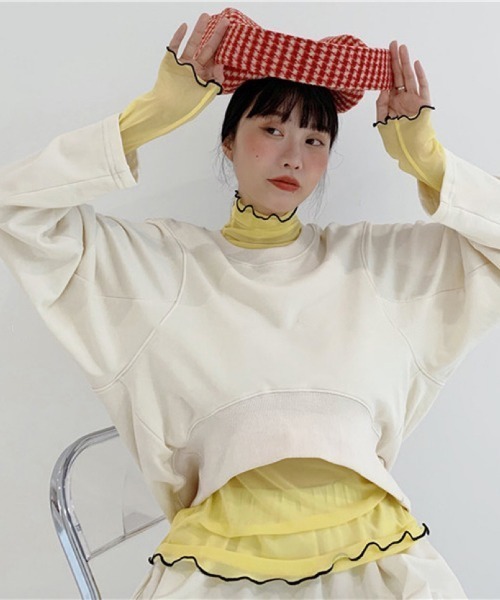 Achic tシャツ パイピング配色シアーメロートップス レディース