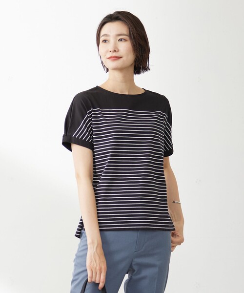 tシャツ パネルボーダー ドルマン カットソー レディース