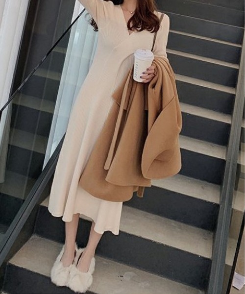 BLANC FICELLE ワンピース リブ編みニット カシュクール ワンピース  