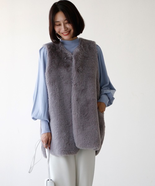 未使用級 エンバ 希少パープル染め ブルーフォックス 毛皮ベスト ジレ 羽織 Ehre style（エーレスタイル） ベスト ジレ コーデが華やぐ！秋→冬へ